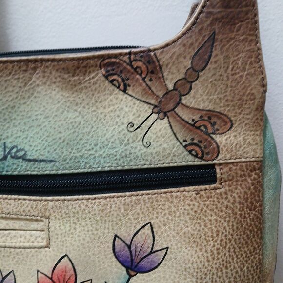 Anushka Leather Hand painted Handbag Purse Dragonfly Butterfly Floral Medium - Picture 7 of 16